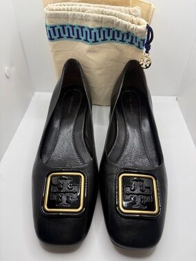 Tory Burch Black Leather Square-Toe Flats with Gold-Trim Logo Plaque